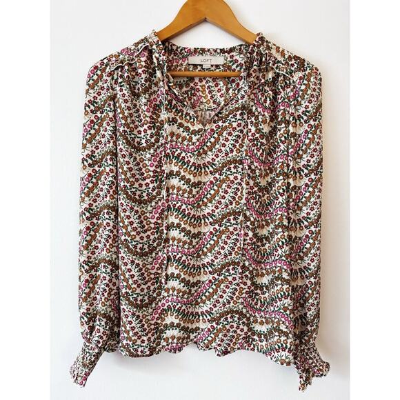 Loft Bell Smocked Sleeve Floral Spring Top Ruffles coquette free people whimsy S - Picture 1 of 8